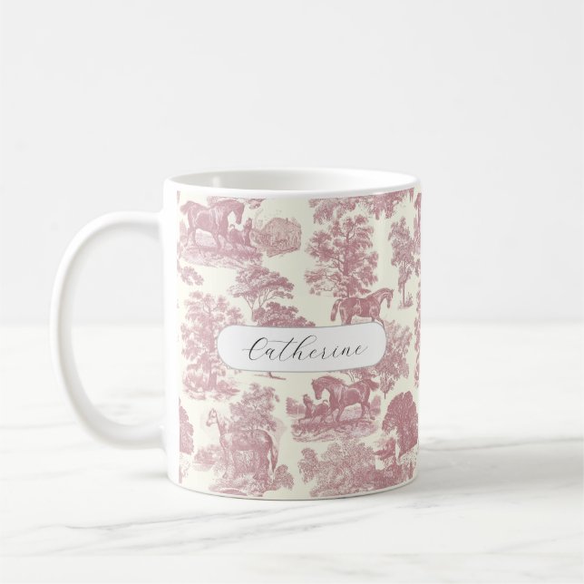 Caneca De Café Elegante Toile Rosa de Cavalo Rústico Nome (Esquerda)