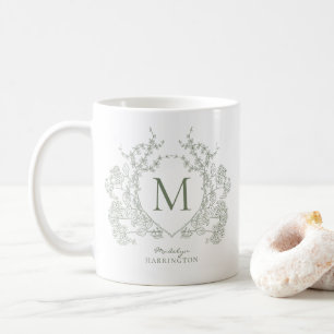 Caneca De Café Elegante Vintage Sage Green Floral Crest Monograma