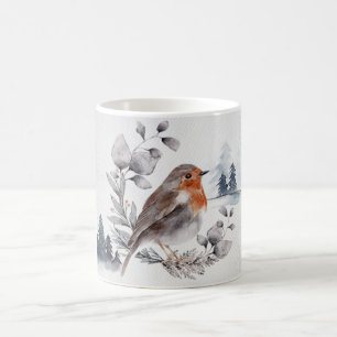 Caneca De Café Elegante Watercolor Winter American Robin