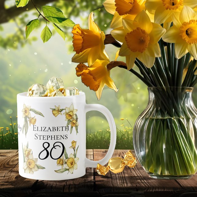 Caneca De Café Elegante Yellow Daffodils Floral 80 Birthday (Elegant Yellow Daffodils Floral "80" 80th Birthday Keepsake Coffee Mug)