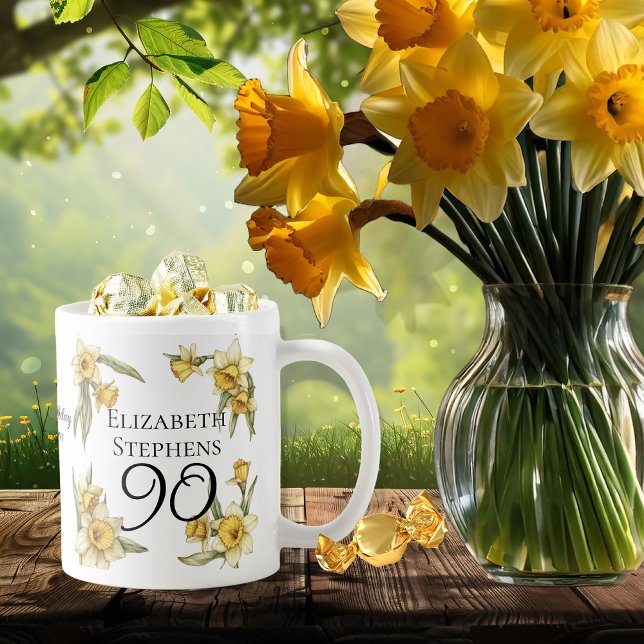 Caneca De Café Elegante Yellow Daffodils Floral 90 Birthday (Elegant Yellow Daffodils Floral "90" 90th Birthday Keepsake Coffee Mug)
