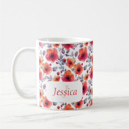 Caneca De Café Elegantes Flores Vermelhas Modernas e Chic