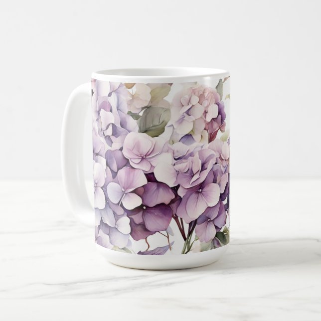 Caneca De Café Elegantes hortênsias aguarela rosa roxo (Frente Esquerda)