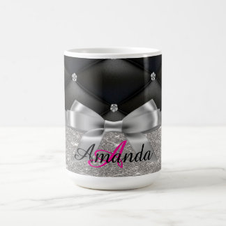 Caneca De Café Eletrônicos de monograma preto com brilho prateado