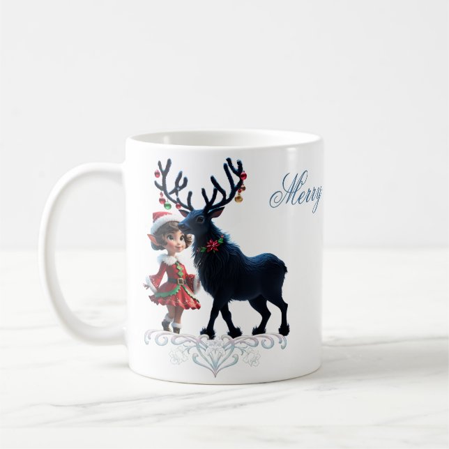 Caneca De Café Elfo de Natal bonito e renas escuras. (Esquerda)