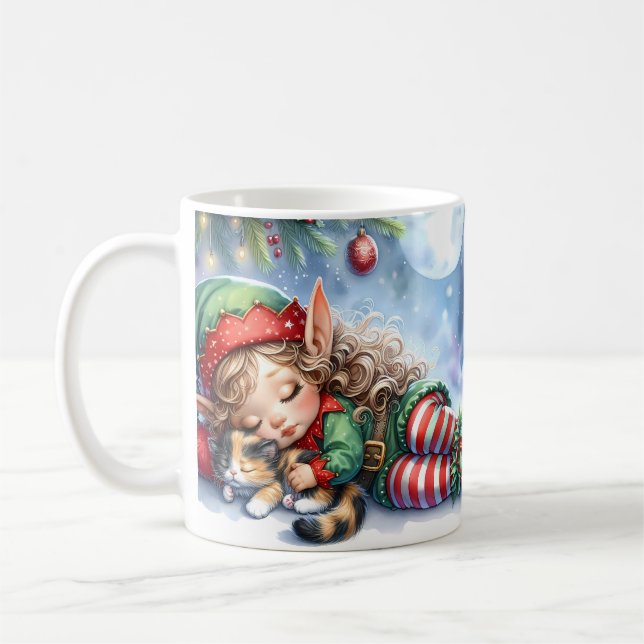 Caneca De Café Elfo de Natal com Calico Kitten (Esquerda)
