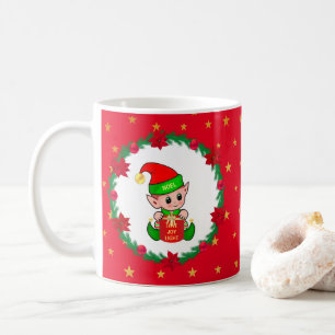 Caneca De Café Elfo de Natal, coroa pinheira, poinsettias e estre