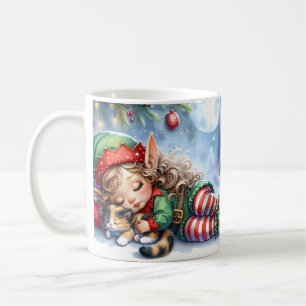 Caneca De Café Elfo de Natal Dormindo com Gatinho Calico