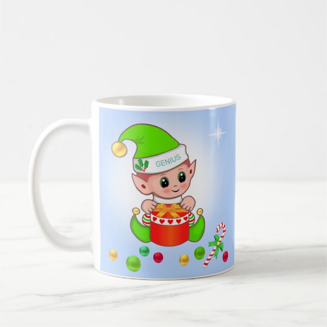 Caneca De Café Elfo de Natal e bolas de Natal em azul claro (Esquerda)
