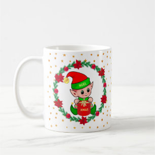 Caneca De Café elfo de Natal, grinalda de pinheiro, poinsettias e
