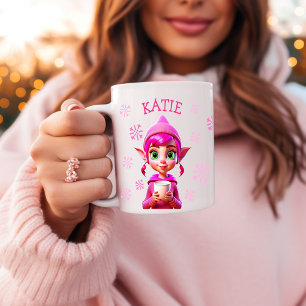 Caneca De Café Elfo de Natal Personalizado Flocos de Neve Rosa Fe
