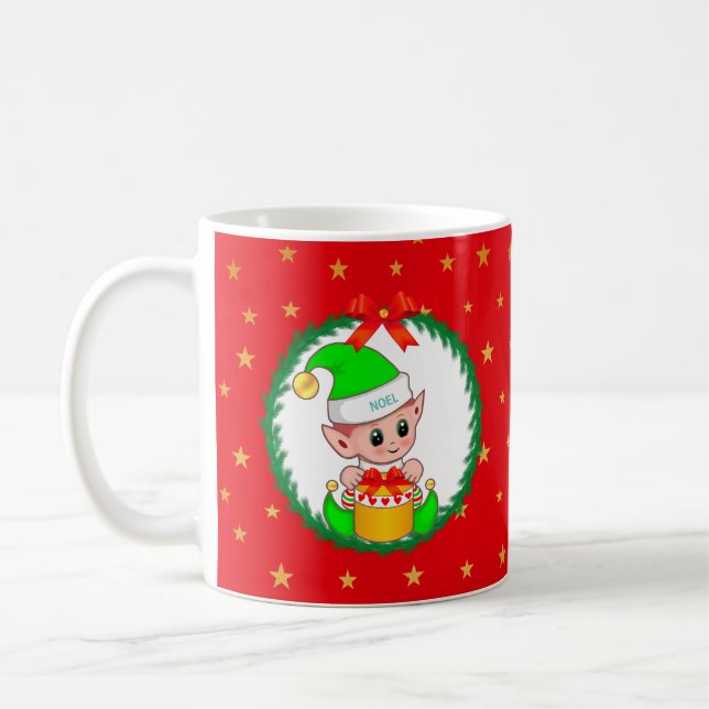 Caneca De Café Elfo de Natal Verde, Pine Wreath & Stars (Esquerda)