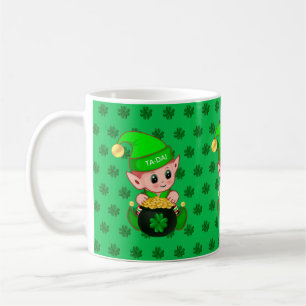Caneca De Café Elfo fofo, moedas de ouro e trevos da sorte em ver