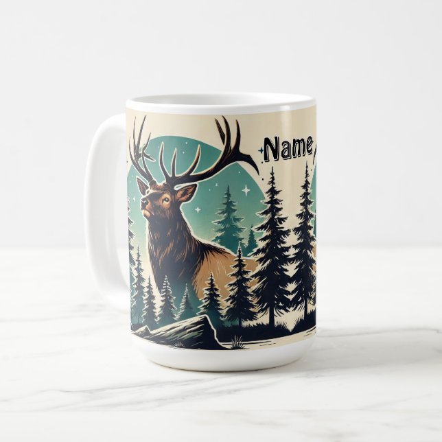Caneca De Café Elk Personalizado em Floresta com Céu Estrelado (Frente Esquerda)