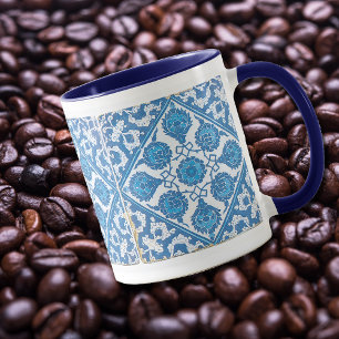 Caneca de Café em Azulejo Falso Floral Vintage Azu