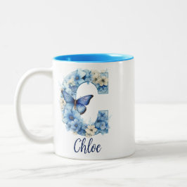 Caneca De Café Em Dois Tons 11 oz - Mug De Café Azul Floral Monograma