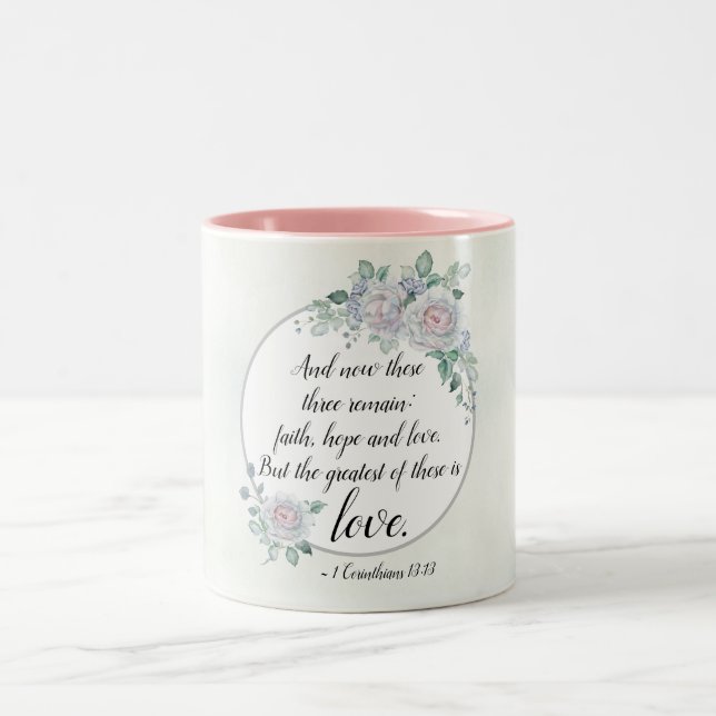 Caneca De Café Em Dois Tons 1 Corinthians 13:13 Fé Esperança Amor, Bíblia Vers (Centro)