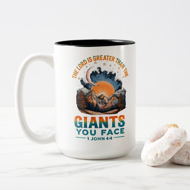 Caneca De Café Em Dois Tons 1 John 4:4 (Com Donut)