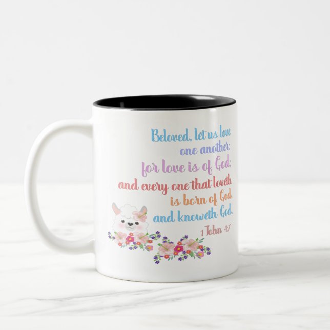 Caneca De Café Em Dois Tons 1John4:7 Bíblia Verso (Esquerda)