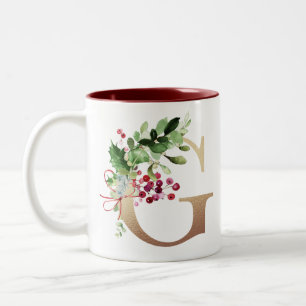 Caneca De Café Em Dois Tons 2º Natal - Folha de Ouro G Monograma Pine e Berry