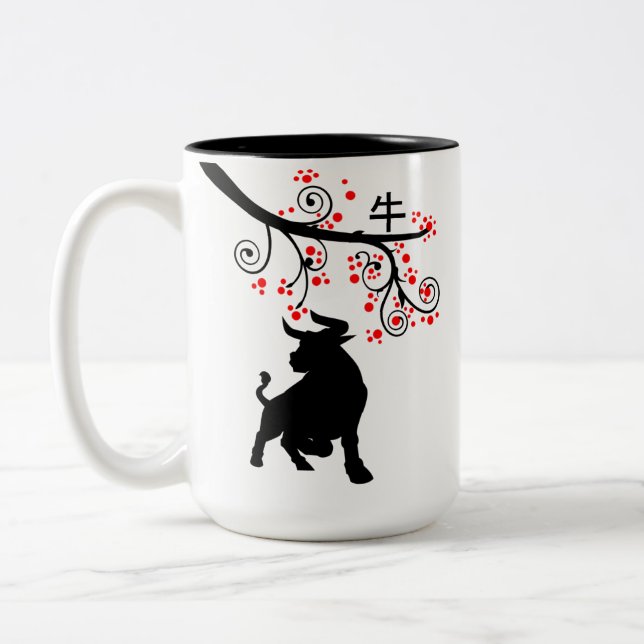 Caneca De Café Em Dois Tons 2021 Chinês - Ox e Flores Vermelhas (Esquerda)