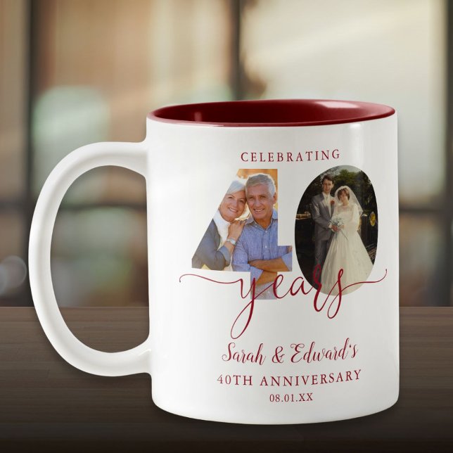 Caneca De Café Em Dois Tons 40ª Aniversário de Casamento Ruby 2 Foto (40th Wedding Anniversary Ruby 2 Photo Two-Tone Coffee Mug)