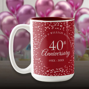 Caneca De Café Em Dois Tons 40º Aniversário de Casamento Corações de Rubi