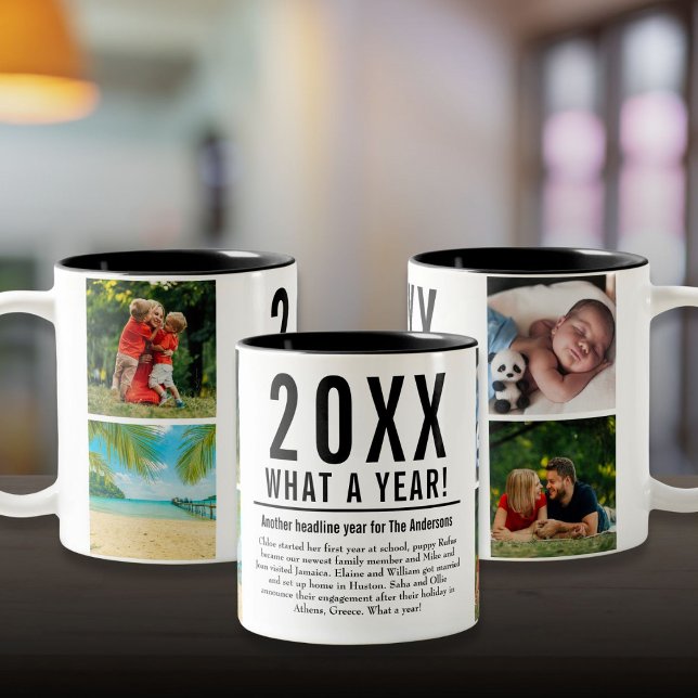 Caneca De Café Em Dois Tons 4 Fotocolagem Ano Familiar Em Revisão Moderna (4 Photo Collage Family Year In Review Modern Two-Tone Coffee Mug)