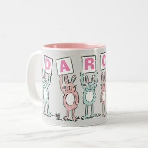 Caneca De Café Em Dois Tons 6 letras de nome com coelhos divertidos de café co