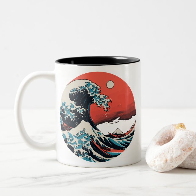 Caneca De Café Em Dois Tons A Grande Onda Retro de Kanagawa (Com Donut)