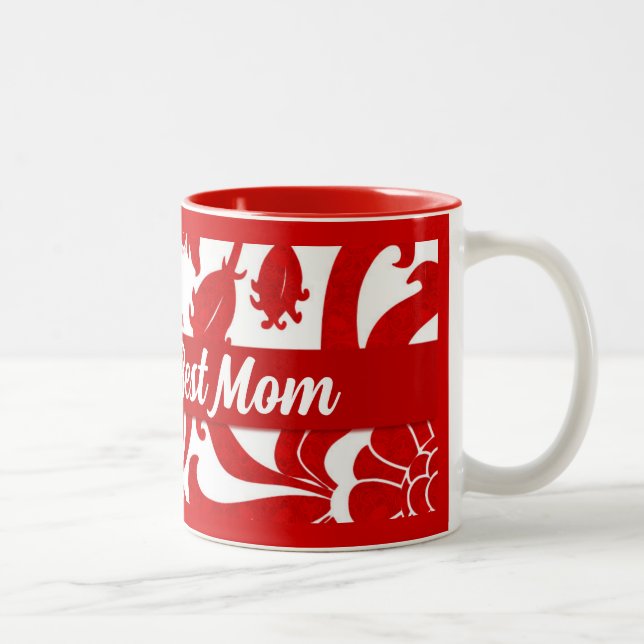 Caneca De Café Em Dois Tons A melhor mãe, Red e White Damask (Direita)