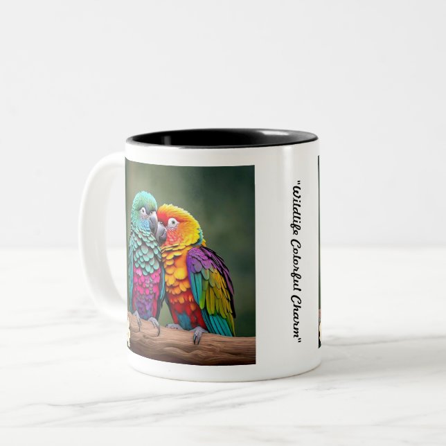 Caneca De Café Em Dois Tons "A Plumagem Vibrante do Papagaio" (Frente Esquerda)