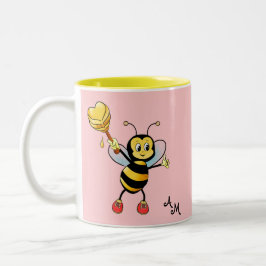 Caneca De Café Em Dois Tons Abeja Melífera Fofa com Coração e Monograma em Ros