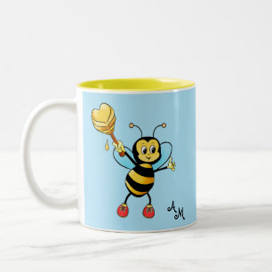 Caneca De Café Em Dois Tons Abeja Melífera Fofa com Coração & Monograma em Azu