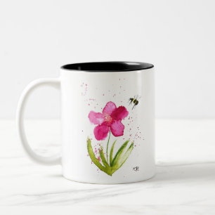 Caneca De Café Em Dois Tons Abeja pintada com aquarela em flor rosa