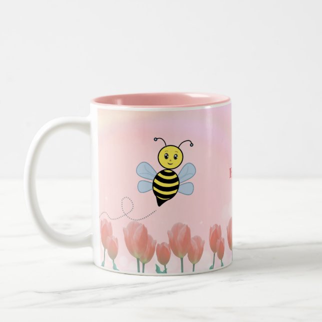 Caneca De Café Em Dois Tons Abejas Felizes e Tulipas Rosas (Esquerda)