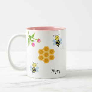 Caneca De Café Em Dois Tons Abejas felizes, flores rosadas y panal de miel