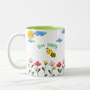 Caneca De Café Em Dois Tons Abelha amarela-branca, sentada em flores