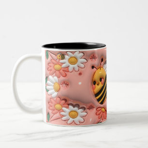 Caneca De Café Em Dois Tons Abelha Feliz, Rosa, Bumble Floral