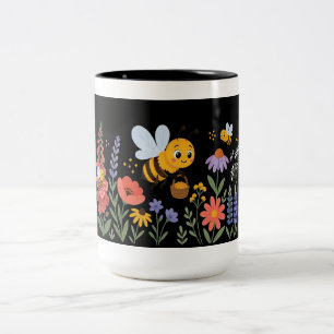 Caneca De Café Em Dois Tons Abelha Ocupada em um Jardim Florido
