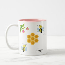 Caneca De Café Em Dois Tons Abelhas felizes, flores cor-de-rosa e favos de mel