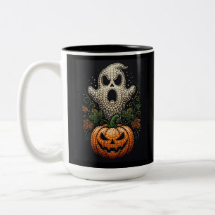Caneca De Café Em Dois Tons Abóbora de Caveira de Halloween Arte Gótica Pontil