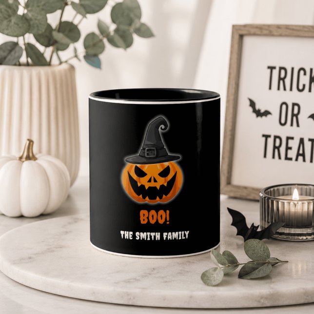 Caneca De Café Em Dois Tons Abóbora de Halloween “TCHU!” – Nome Personalizado (Criador carregado)