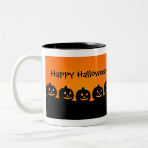 Caneca De Café Em Dois Tons Abóboras em uma fila, feliz caneca de Halloween