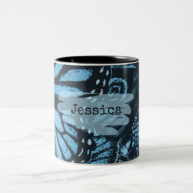 Caneca De Café Em Dois Tons Abstract Grunge Blue Butterfly Art Personalised (Centro)