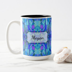 Caneca De Café Em Dois Tons Abstrato caleidoscópico em Blues, personalizado