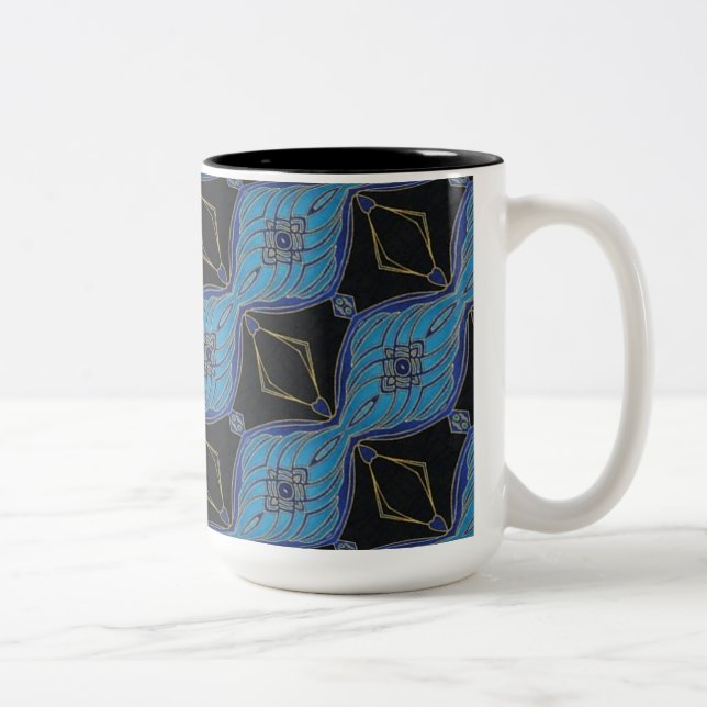 Caneca De Café Em Dois Tons Abstrato Floral de Ouros Pretos e Teais (Direita)