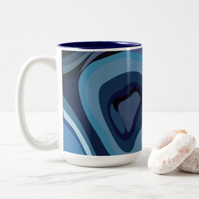 Caneca De Café Em Dois Tons Abstrato Geométrico com Meio Círculos Azul (Com Donut)