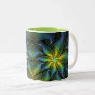 Caneca De Café Em Dois Tons Abstrato Star, Ouro Verde brilhante Arte Fractal