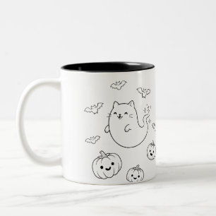 Caneca De Café Em Dois Tons Adorável Arte de Linha de Gato Fantasma do Hallowe